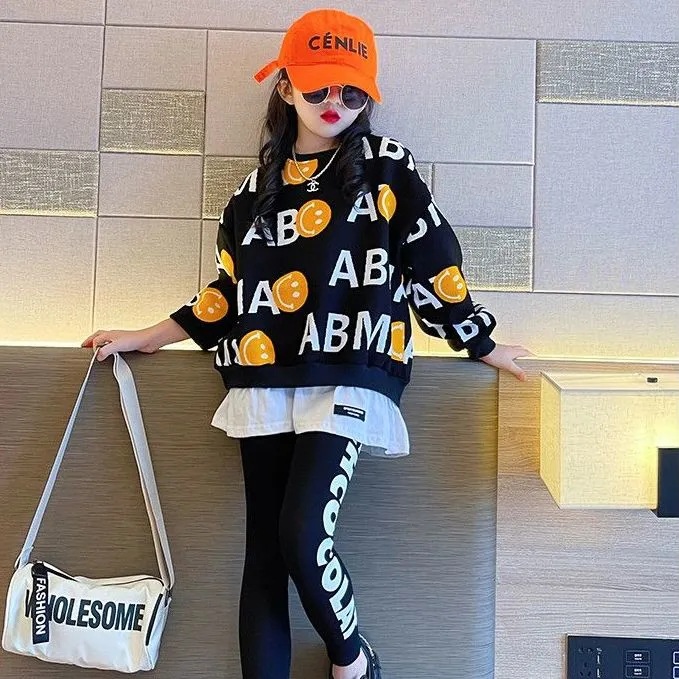 cuk girls spring and autumn new leisure sports two-piece girls fashion western letters autumn suit tide