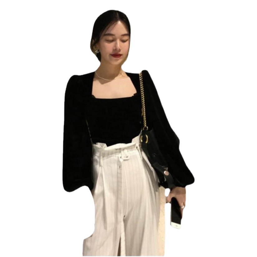 Good Quality French Style Collarbone Tight Waist Black Square Collar Bubble Sleeve Velvet Shirt Women Court Style Long Sleeve Top