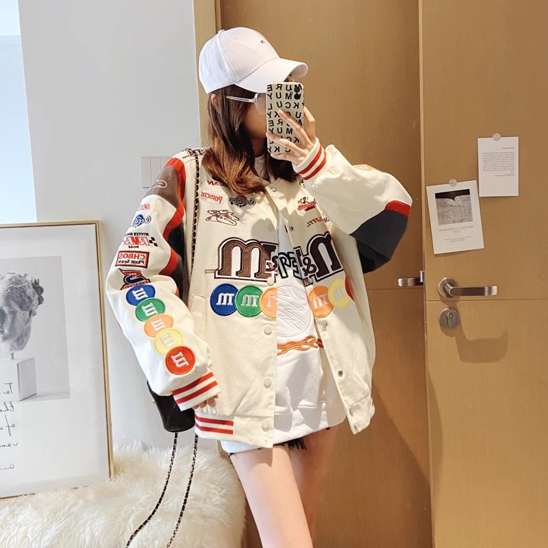 Picture of Spring American High Street Letter mm Bean Embroidered Baseball Jacket Color Matching Couple Loose Racing Suit Jacket
