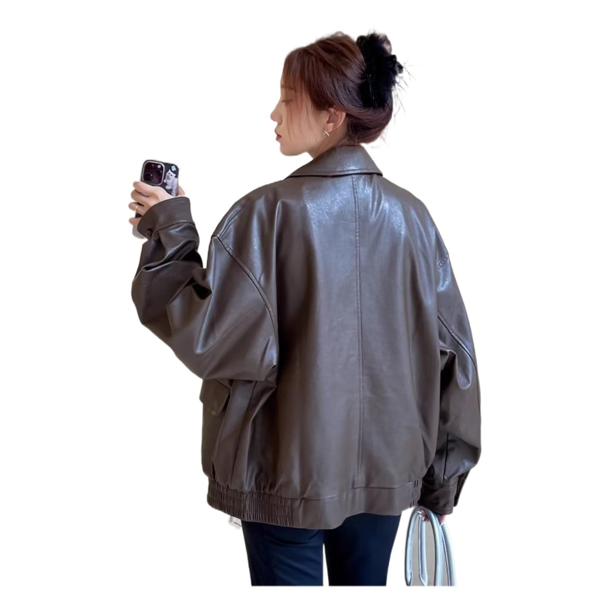 Picture of American Retro Brown Pu Leather Jacket for Women Spring & Fall 2023 New Oversize Niche Motorcycle Jacket Top