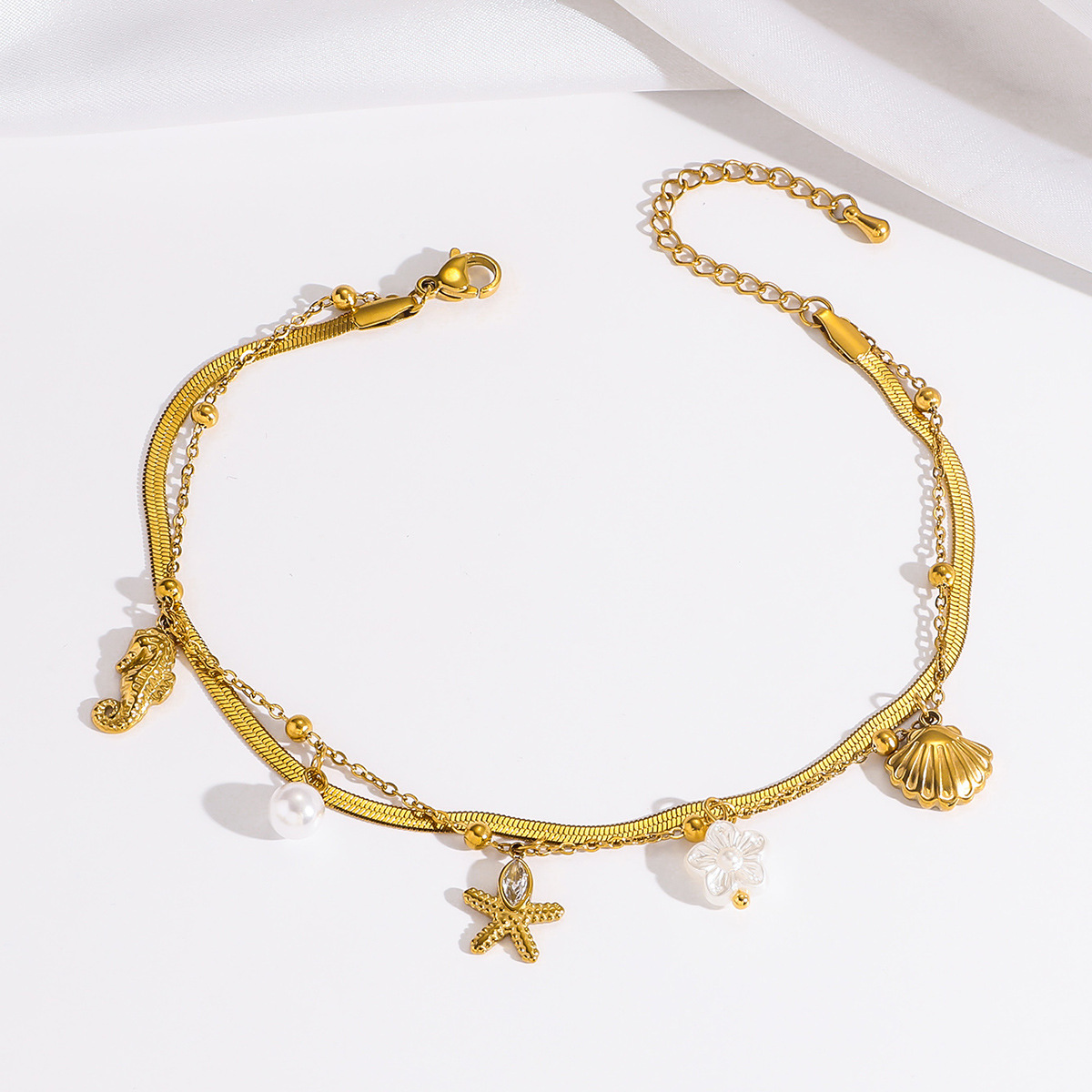 Women's Cross-border Fashion Marine Series Double-layer Foot Decoration Titanium Steel Starfish Scallop Hippocampus Multi-element Beach Anklet