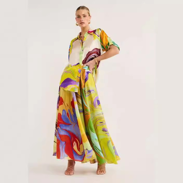 African trade Ethnic Cross-border Two-piece Printed Short-sleeved Shirt Tether Trousers Women's Satin Two-piece