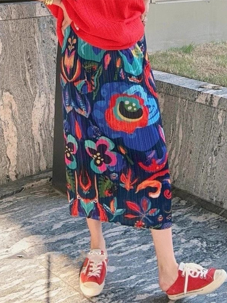 Picture of Niche design pleated skirt spring and summer thin elastic waist printed slimming age-reducing hip slit pleated skirt