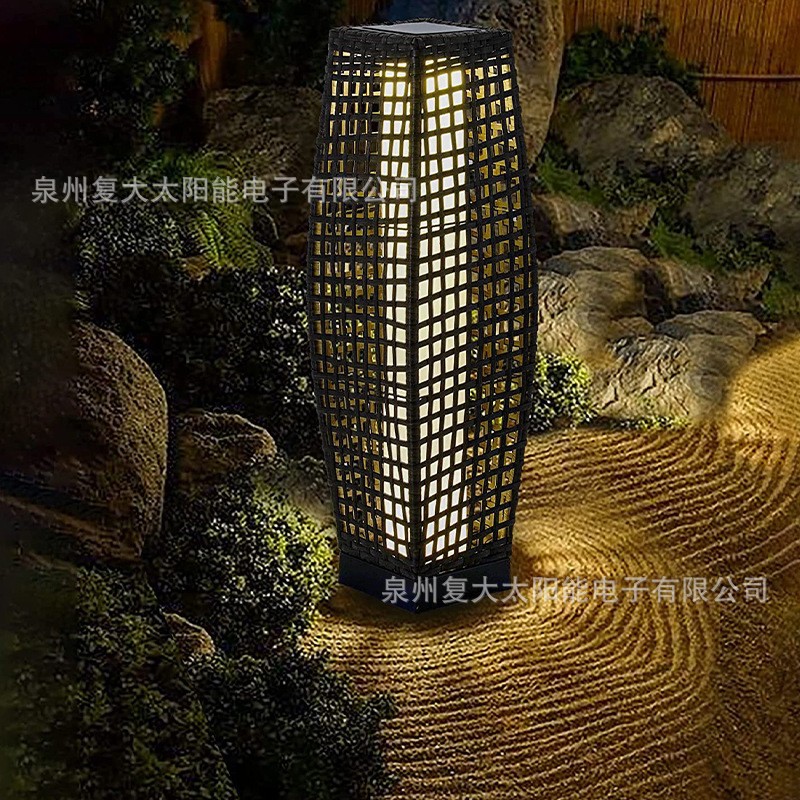 Retro solar rattan hollow lamp floor atmosphere lamp imitation rattan courtyard landscape lamp hotel garden projection lamp