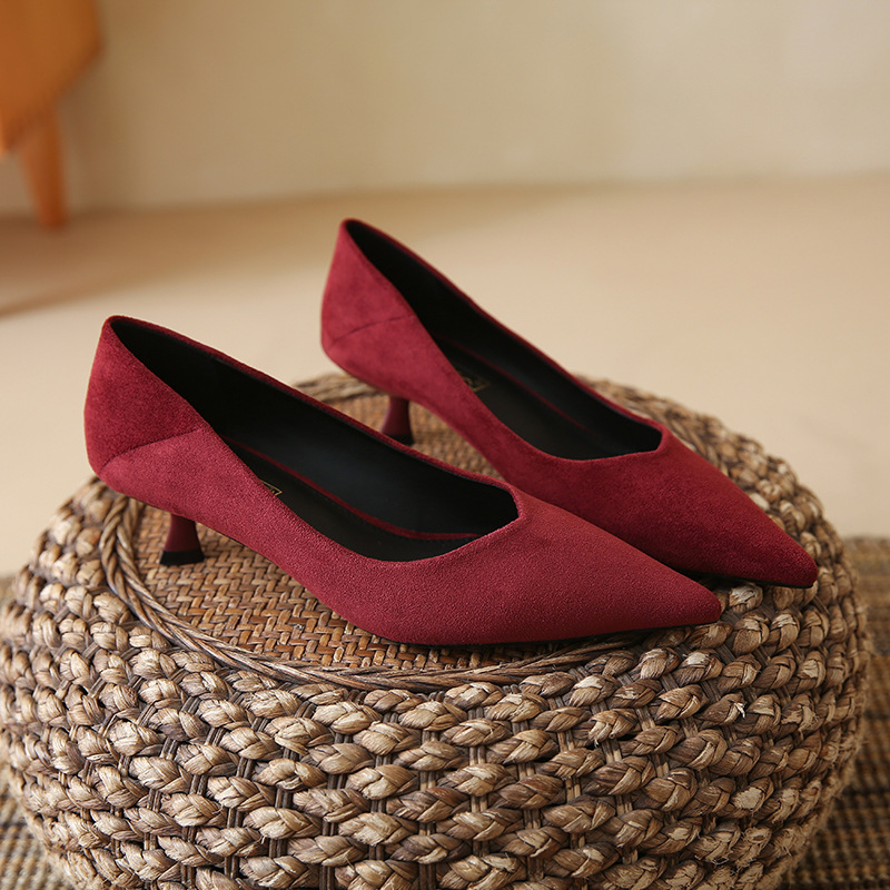 Red Single-layer Shoes Pointed-toe Thin-heel Single-layer Shoes New Suede Mid-heel Shoes Women's plus size Women's Shoes for Foreign Trade