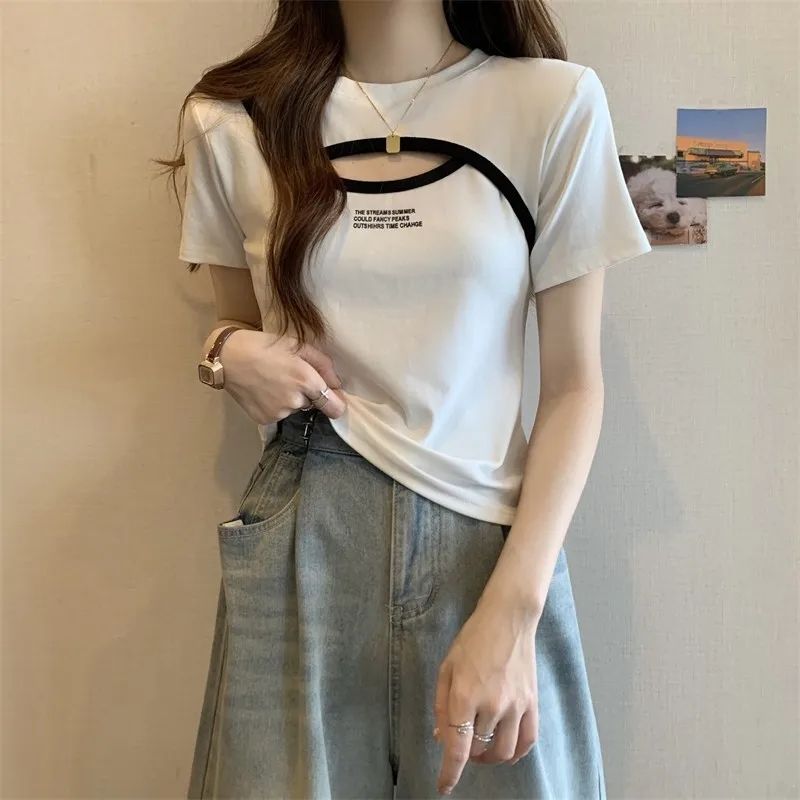 Design Sense Hollow Short-sleeved T-shirt Women's 2024 Summer New plus size Flesh Covering Slim Letter Printed Chic Top