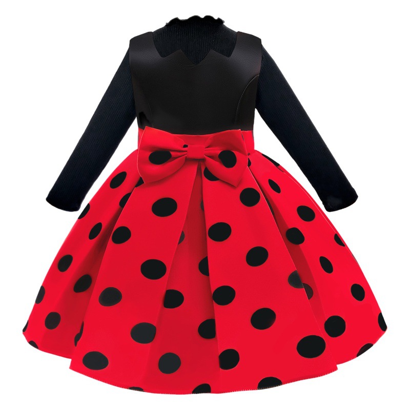 Picture of Girls' dress pleated children's clothing vintage polka dot printed children's skirt elastic bottoming long sleeve vest skirt two-piece suit