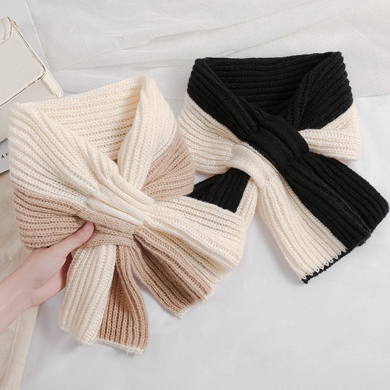 Picture of Small Scarf Short Women's Autumn and Winter Cross Knitted Scarf Korean Style Color Matching Versatile Winter Warm Lazy Neck Protector Popular