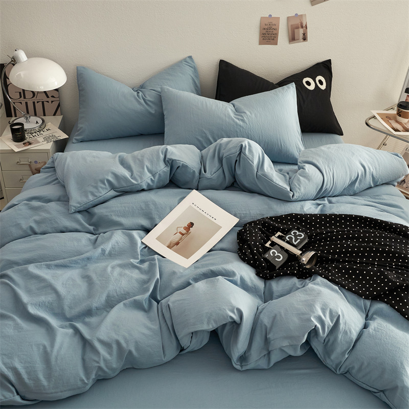 Picture of Four-piece bed set A can sleep naked wash cotton quilt cover solid color bed sheets student dormitory three-piece bed hat wholesale 4