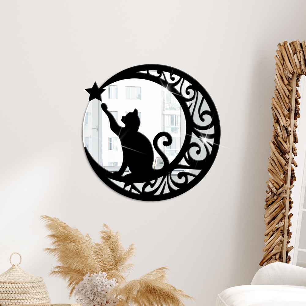 JM1122 Stereo Creative Double Crescent Cat Acrylic Mirror Sticker Home Background Wall Decorative Mirror Wall Sticker
