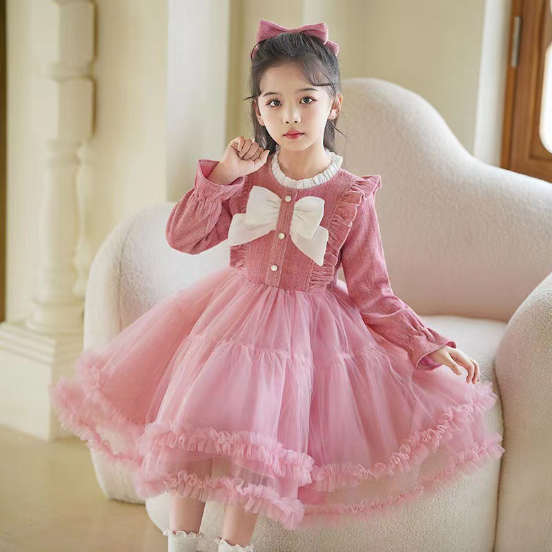 Picture of Designed Girls' Long-Sleeved Dress 2024 Autumn and Winter New Style Bow-Knot Fashionable and Sweet First Birthday Cake Dress