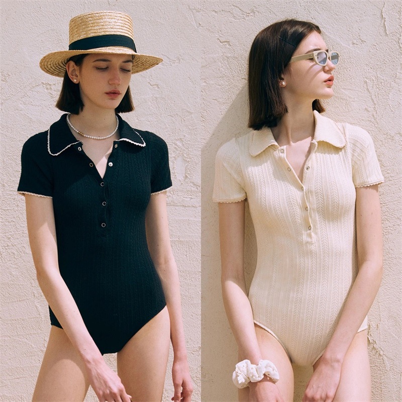 Japanese and Korean Style New Bikini Simple Solid Color Polo Collar Half Sleeve Simple Swimsuit Women's Beach Vacation Bikini