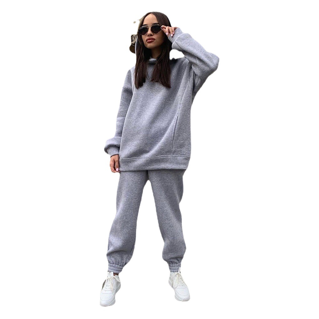 2024 Amazon Hot-Selling European and American Autumn and Winter New Fashion Solid Color Hooded Sweatshirt Casual Two-Piece Set