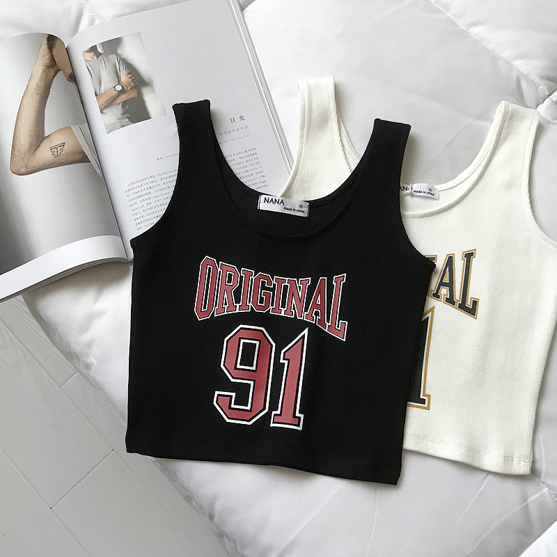Korean-style Hip Hop Letter Black Thread Knitted Base Sleeveless Vest Women's Short Navel White Tight Top for Summer