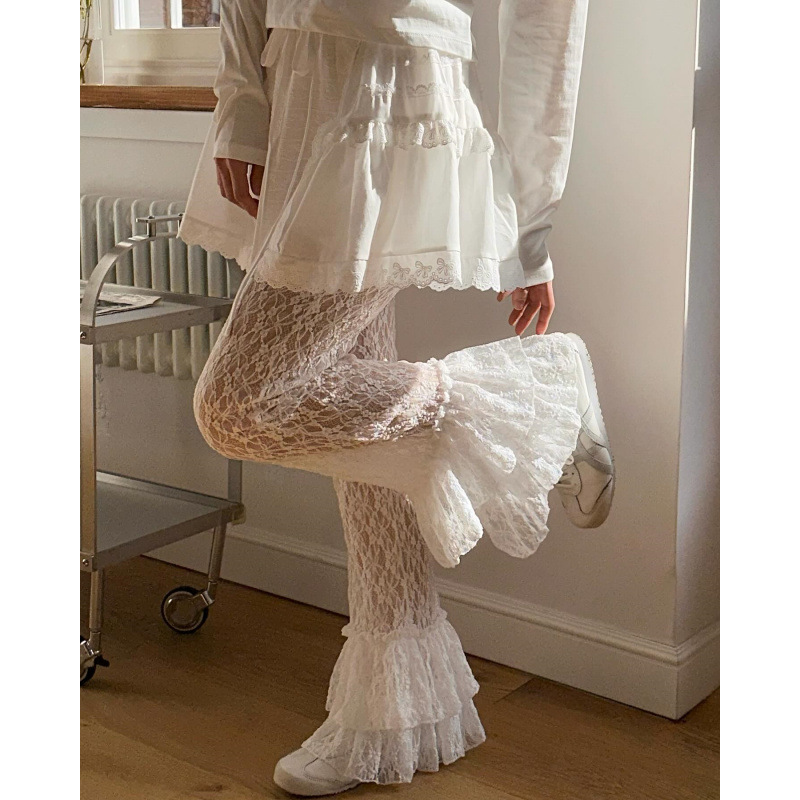 Korean Girl Style Ins Ruffled Jacquard Lace Flared Pants Japanese Solid Color Lined Anti-Exposure