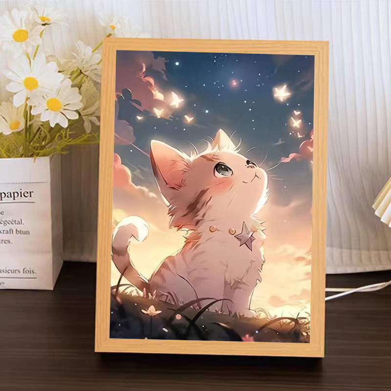Tiktok same style healing kitten light painting warm creative cartoon luminous painting ins bedroom bedside night light