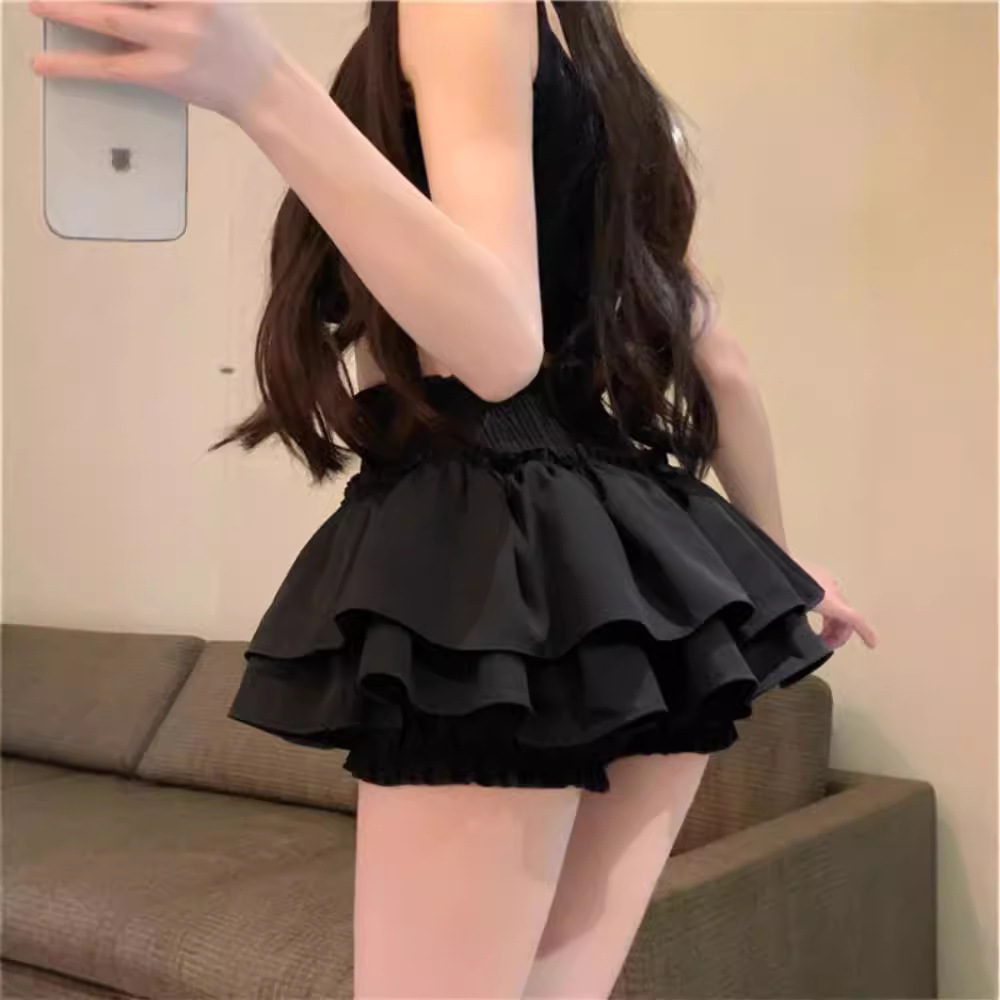 Black pleated skirt, women's summer ballet cake skirt, high-waisted slimming A-line skirt, anti-strip shorts skirt