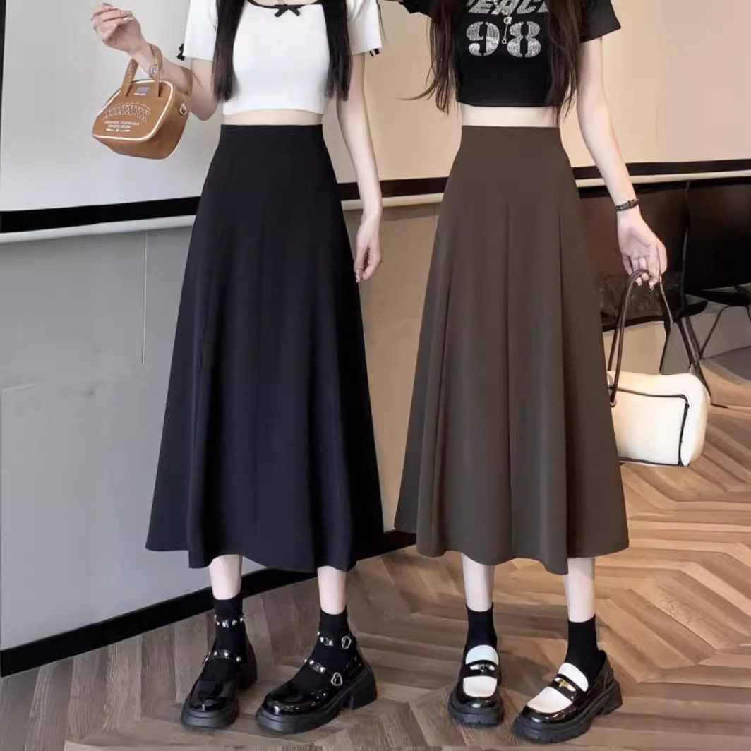 Black High Waist Skirt Women's Spring and Summer Mid-length A- line Dosing Large Umbrella Skirt Small Slim Hip Skirt