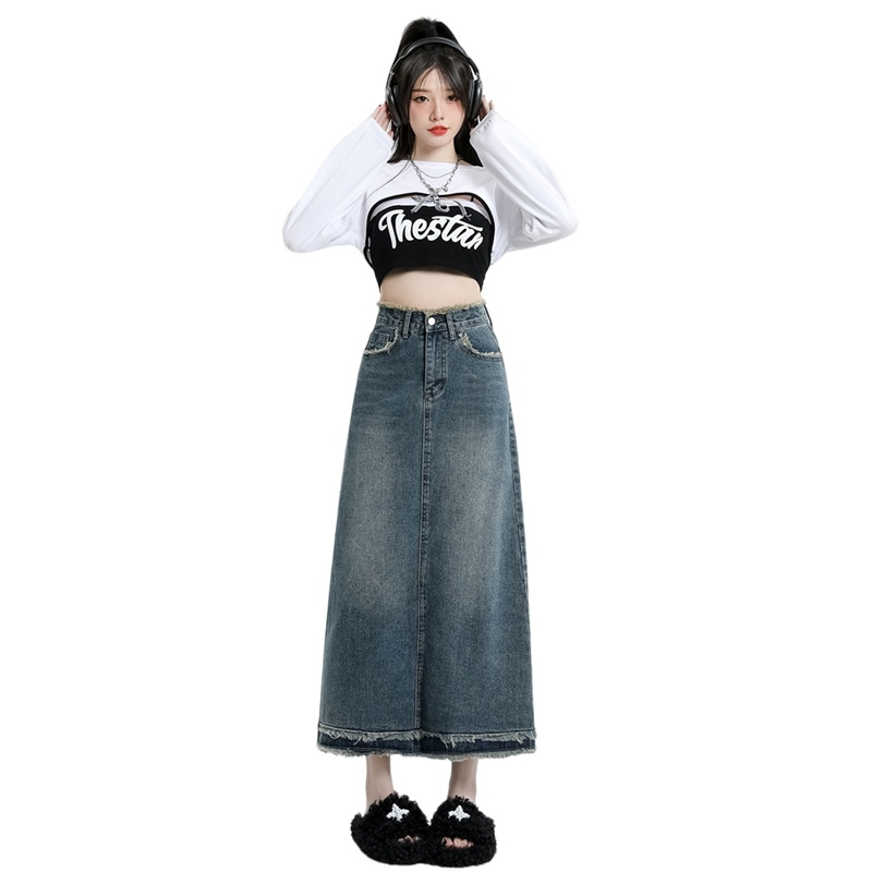 107#XS-XL Vintage Washed Denim Skirt Women's 2023 New Spring and Summer Mid-length Skirt Hip Skirt Spandex