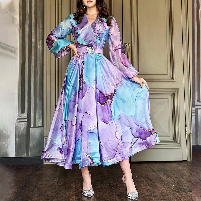 Picture of 2025 Spring and Summer New European and American Export Printed Large Hem Mesh Dress Work Clothing European and American Plus Size Women's Dress