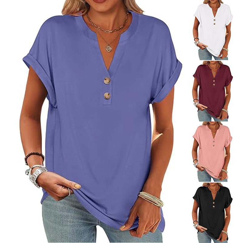 Amazon Tiktoktemu2025 New European and American Cross-border Women's V-neck Solid Color Button Short-sleeved Comfortable Shirt