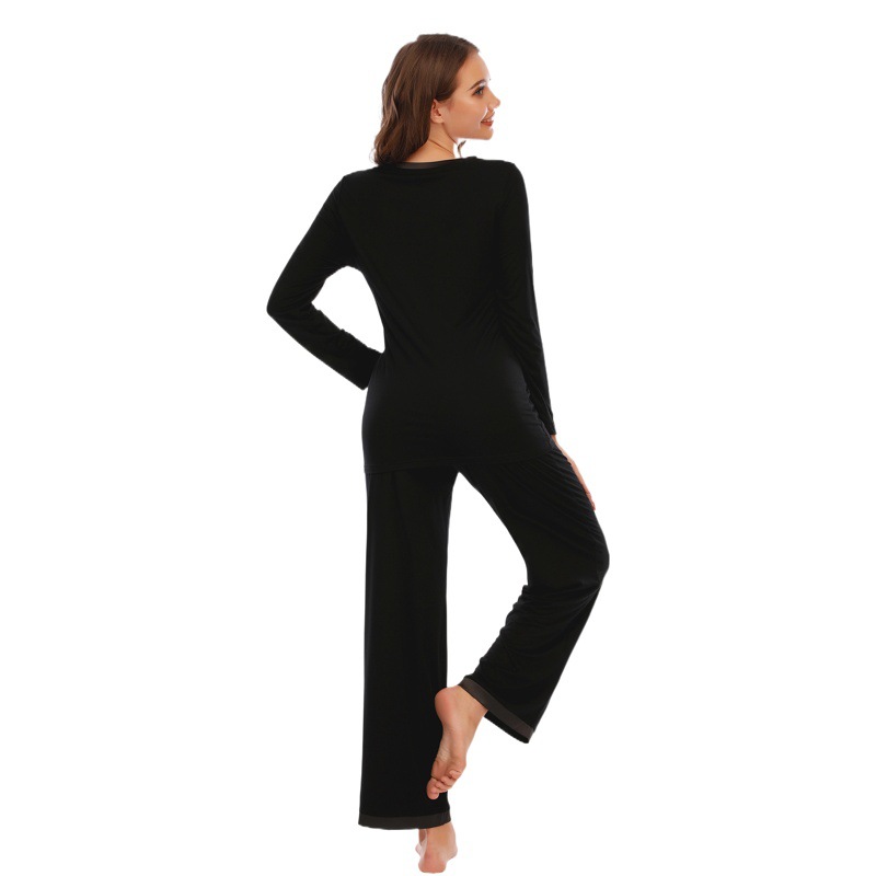 Amazon Modal Pajamas Women's Solid Color Short Sleeve Round Neck Pullover Long Sleeve Pants Suit Women's Home Comfort