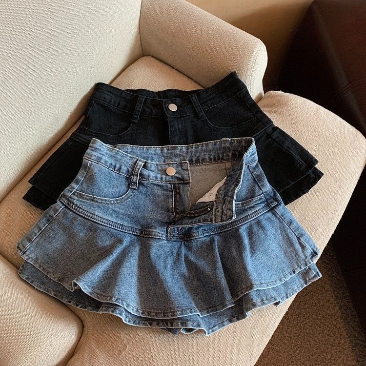 Denim Skirt Women's Cake Skirt A- Line Skirt Pants High Waist Design Sense Niche Hip Hot Girl Short Skirt