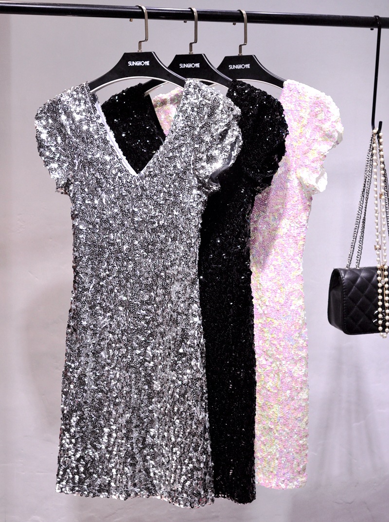 Han Eun's Full Sequin Front and Rear V-Neck Elastic Slim-Fit dress Short-Sleeved Flash Stage Performance Suit Dinner Women's Clothing