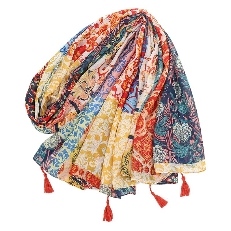 Cross-Border New Color Printed Tassel Scarf Women's Bohemian Style Splicing Shawl Seaside Travel Vacation Sun Protection