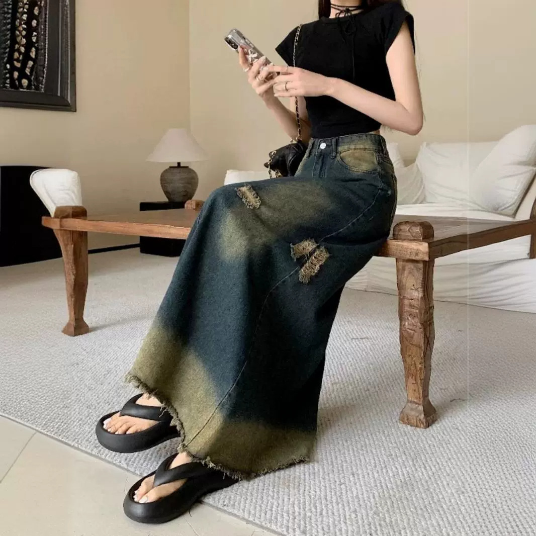 American-style Rip Denim Skirt Women's Summer plus size chubby girl Slim A- line Hip Skirt One-step Skirt Long Skirt