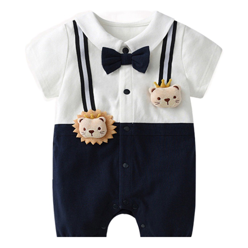 Picture of Newborn Gentleman One-Year-Old Dress Baby Short-Sleeved Hatshirt College Style Baby Summer One-Body Clothes Thin Climbing Suit