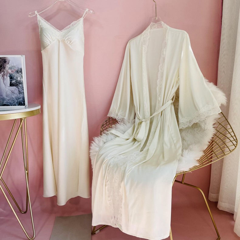 2022 New Pajamas for Women Spring and Autumn Ice Silk Thin Long Suspender Nightgown Two-Piece Set with Breast Pad Amazon