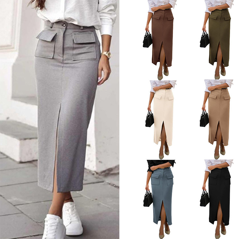 Cross-border European and American Amazon Women's Sexy Elegant Office Casual Pocket Vented Hip Skirt Tight Skirt
