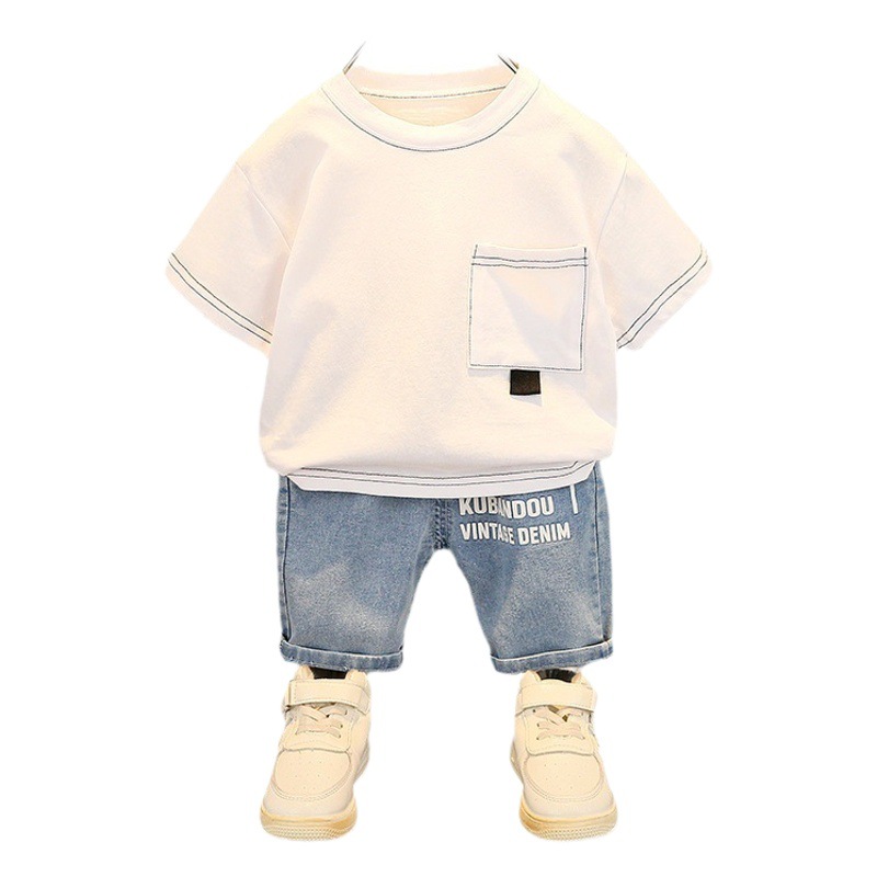 Summer Children's suit boys and girls solid color large pocket loose casual short sleeve Denim shorts baby two-piece suit