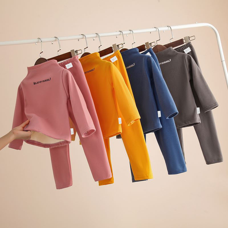 Children's fleece-lined thickened turtleneck bottoming shirt suit winter boys and girls long johns underwear suit baby middle and big children