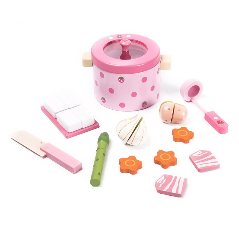 Picture of Wooden Pretend Play Vegetable Hot Pot with Cutting Board and Kitchen Utensils Set for Children
