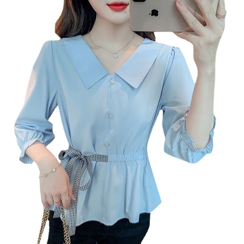 Picture of Baby Doll Collar Chiffon Women's Spring 2023 Petite Lace-Up Waist-Cinching Slimming Belly-Covering Shirt with Three-Quarter Sleeves Versatile Top