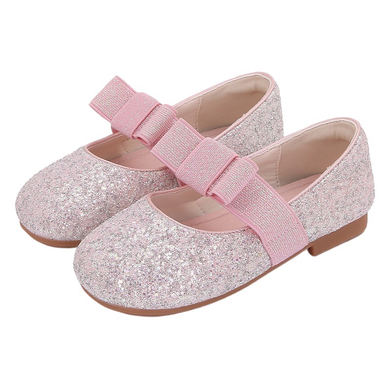 Girls Leather Shoes Princess Shoes 2024 Spring New Crystal Children's Sequin Bow Soft Sole Little Girls Shoes