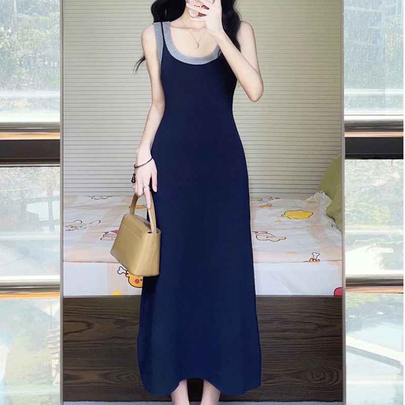 Cross-border new summer French waist slimming dress high-grade blue camisole knitted vest slimming dress