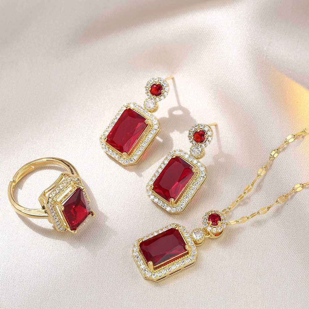 Picture of Emerald Pendant Necklace Women's All-match High-end Jewelry suit Women's Three-piece Set Earrings Ring Jewelry