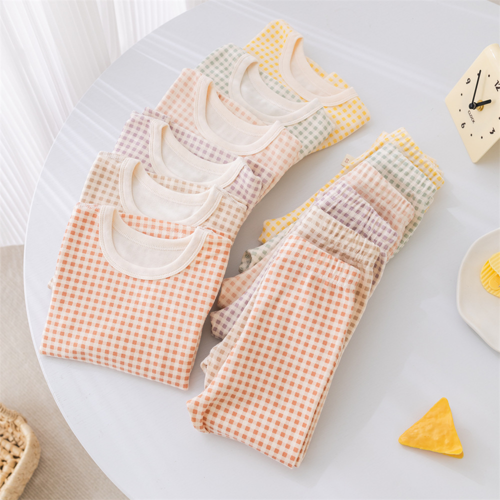 Picture of ins Plaid children's home wear underwear suit boys and girls baby bottoming clothes children's autumn clothes long pants suit