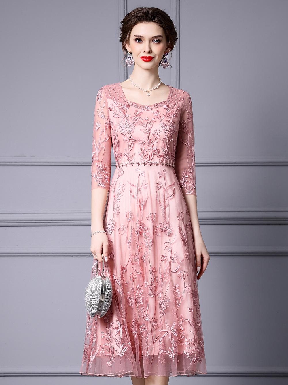 Zhili Pink Embroidered Dress 2025 New Autumn Collection Stunning Multi-Layered Tulle Long Dress for Important Occasions