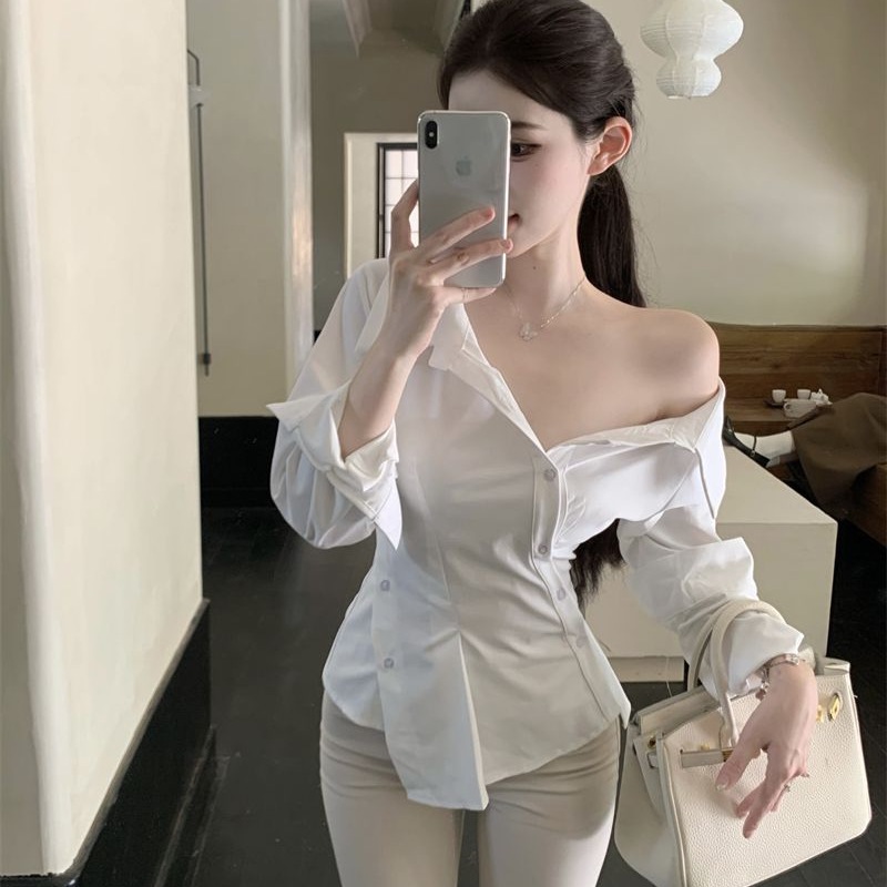 Pure Spice Girls White Long-sleeved Shirt Women's Summer Slim-fit Slimming Elegant Shirt Irregular Short Off-shoulder Top