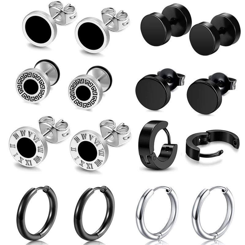 Wholesale Stainless Steel Earring Set Amazon Men's Black Earring Set Cross-Border Hot Selling Multi-Piece Fashion Set