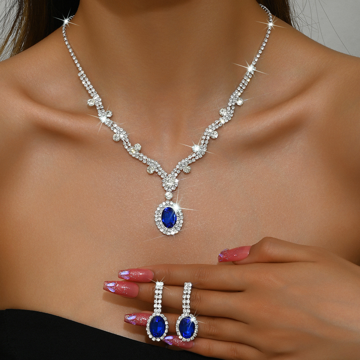 Diamond Water Drops Tassel Necklace Earrings Two-piece Set European and American Exaggerated Light Luxury Elegant Clavicle Chain High-grade Necklace for Women