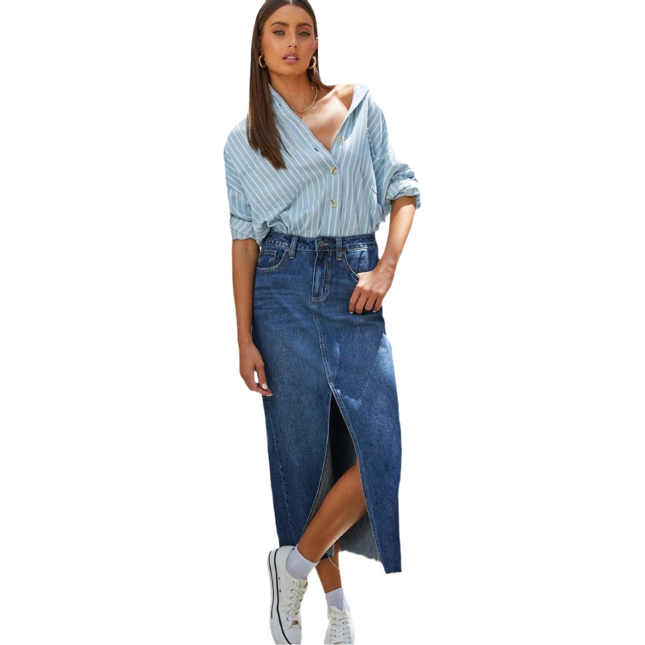 Cross-border Foreign Trade Sexy Spice Girl Skirt A- shaped Split Slimming Denim Skirt Spring/Summer 2024