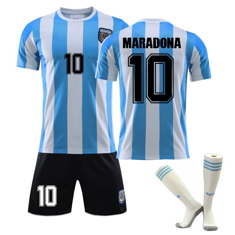 1986 Retro Argentina Home No. 10 Maraana Jersey Set Football Uniform with Football Socks