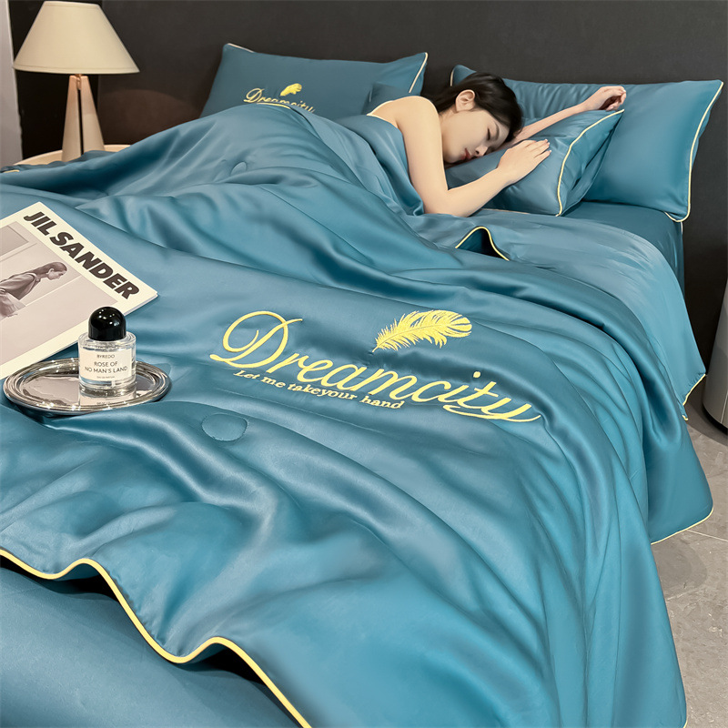 Picture of Washed Ice Silk Summer Quilt Four-piece Solid Color Embroidered Cool Air Conditioned Quilt Summer Gift Summer Quilt Summer Thin Quilt