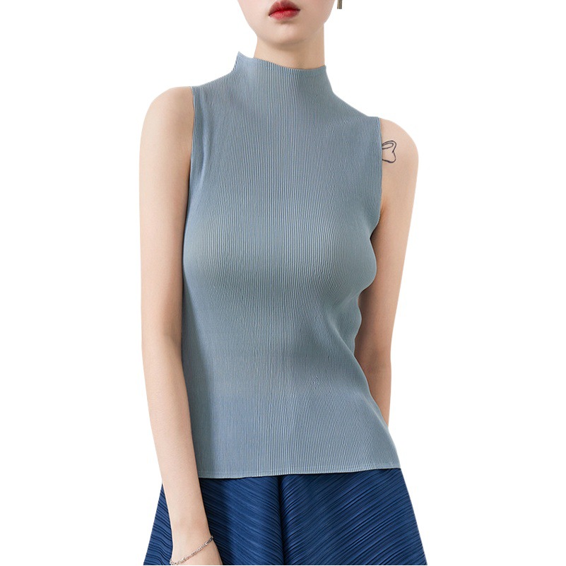 Miyake Classic Top Women's Summer Thin Pleated Japanese Style Women's Half-Neck Versatile Sexy American Sexy Slim Top