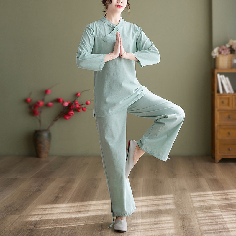 Picture of New Chinese Style Retro Buckle Slant Placket Loose Casual Cotton and Linen Zen Tea Suit Justices Yoga Taiji Suit for Women